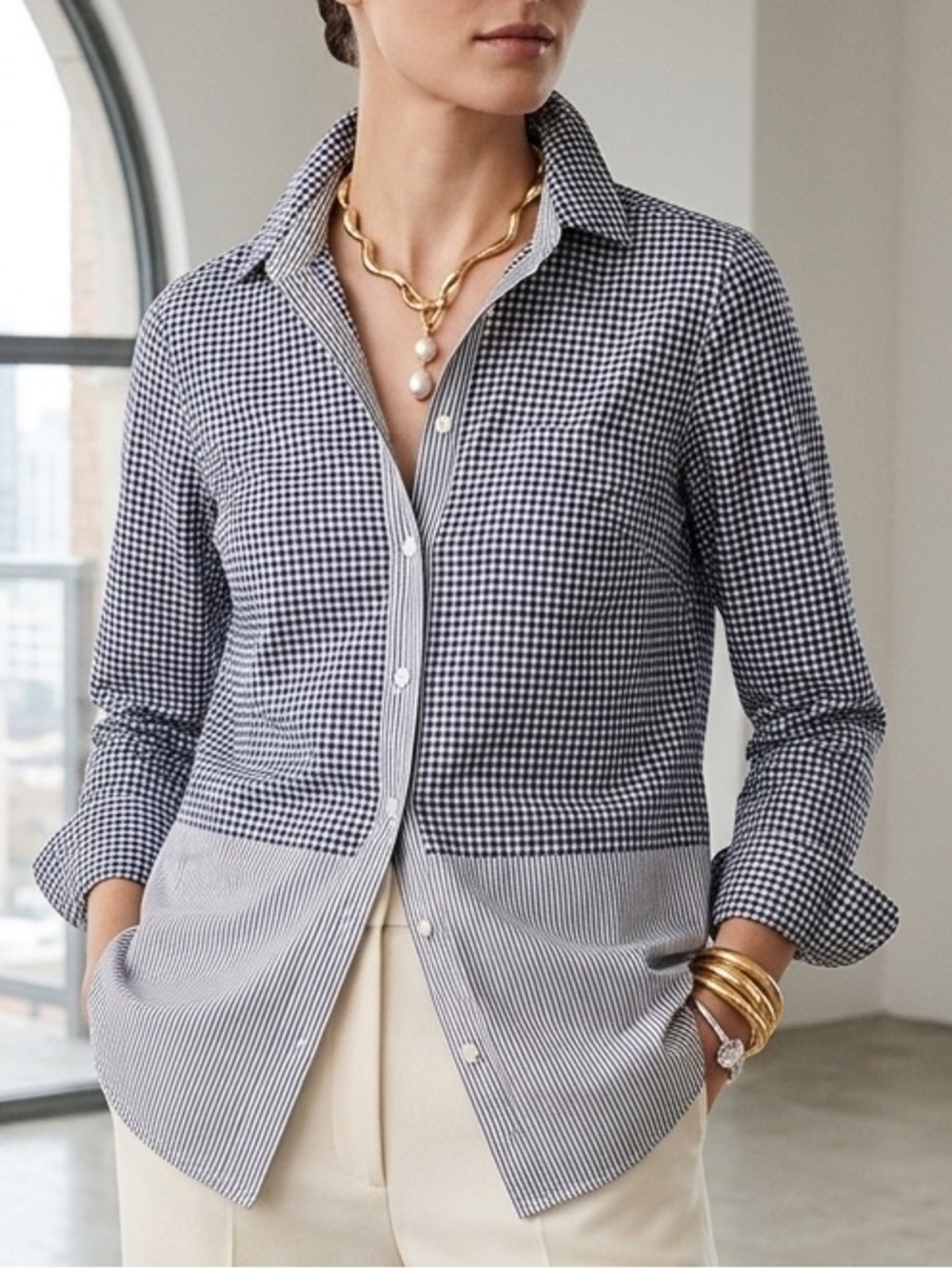J.Crew Womens Navy Gingham Striped Mixed Print Button Down Shirt Size 0